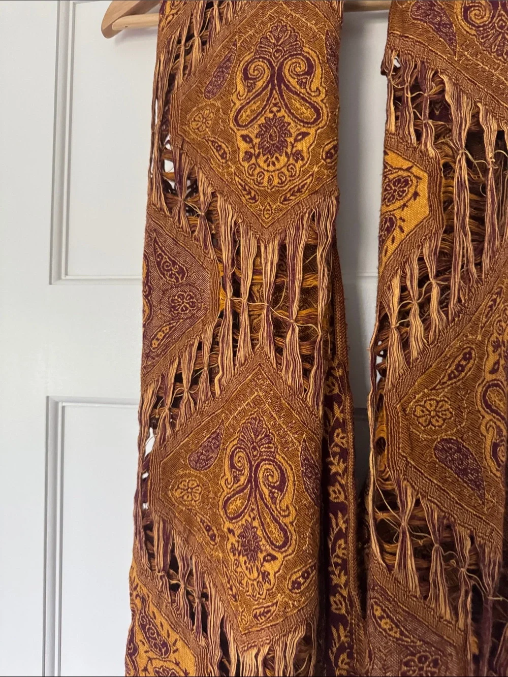 Boho Fringe Paisley Wrap Scarf in Rust and Mustard